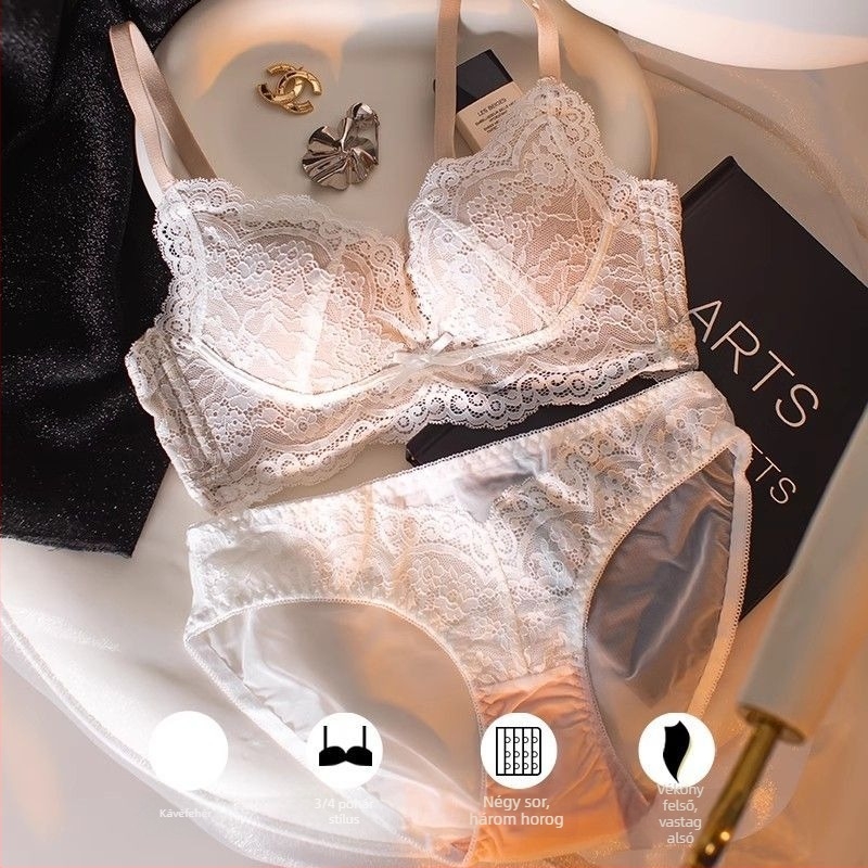Női csipkés alsónemű készlet, pamutszövet, pamut bélés, közepes formájú kosarak, kosár anyaga: nylon, hátul három sor kampó