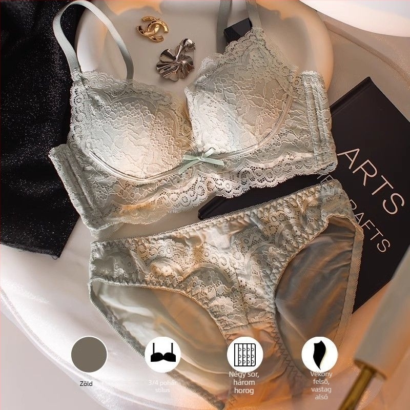 Női csipkés alsónemű készlet, pamutszövet, pamut bélés, közepes formájú kosarak, kosár anyaga: nylon, hátul három sor kampó
