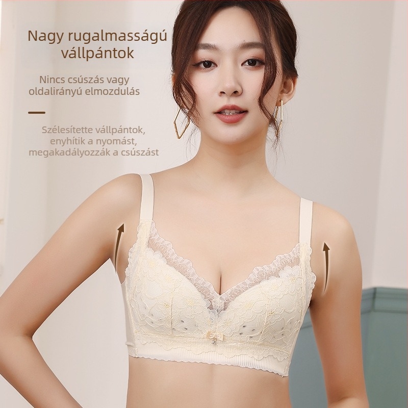 Nylon csipkés 3/4 kosaras melltartó vékony formájú kosárral, rögzített dupla vállpántok, hátul négy sor csattal, 80–90% nylon tartalom, lélegző, állítható