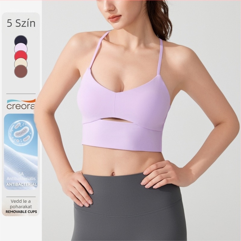 5A antibakteriális nylon sport melltartó, keresztezett dizájn, Push-Up, 3/4 kosár, fix dupla pánt, merevítő nélkül