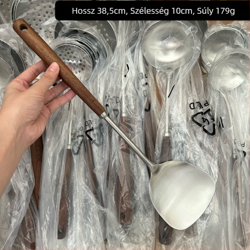 Konyhai spatula rozsdamentes acélból 304, élelmiszeripari minőség, diófa nyéllel, csúszásmentes, magas hőmérséklet-álló