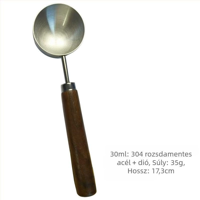Kávémérő kanál kerek fejjel és diófa fogantyúval, 304 rozsdamentes acél, kávébabok és tejpor számára