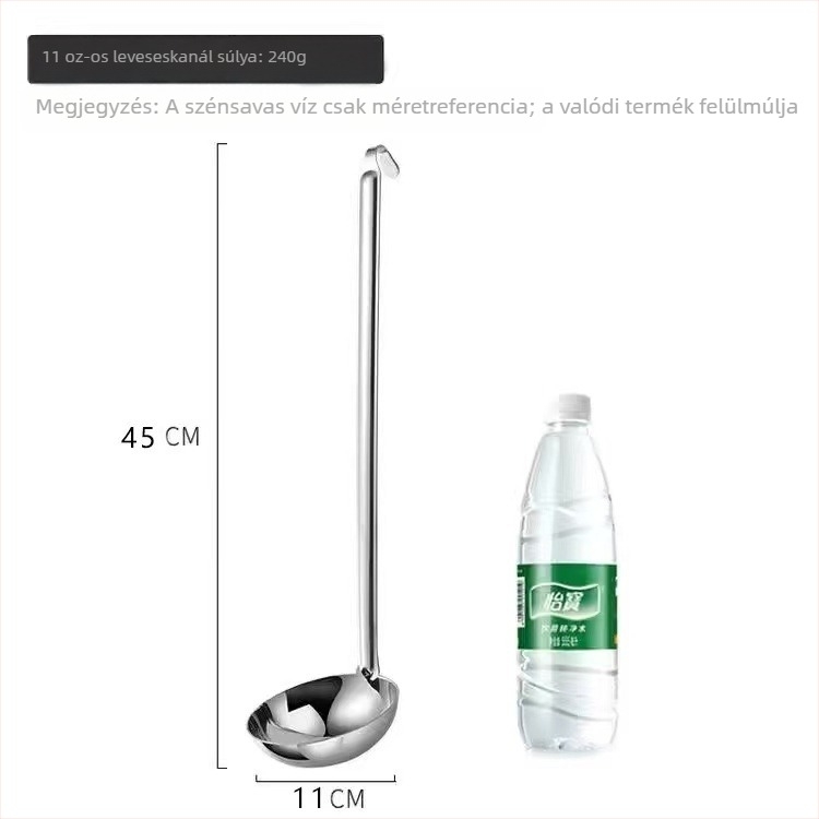 Rozsdamentes acélból készült leveskanál kampóval és hosszú nyéllel – leves és zabkása kanál, modern minimalist stílus