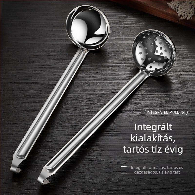 Rozsdamentes acélból készült leveskanál kampóval és hosszú nyéllel – leves és zabkása kanál, modern minimalist stílus