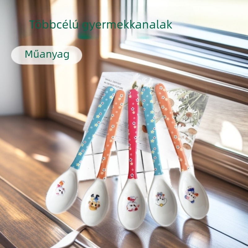 Gyerekeknek szóló műanyag kanál virágmintával — süteményekhez, kávéhoz és leveshez, modern minimalista stílus