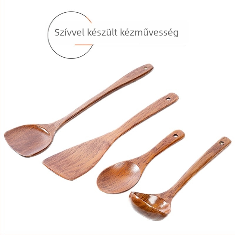 Fából készült spatula készlet főzéshez, hosszú nyelekkel, magas hőállósággal és kompatibilis a tapadásmentes edényekkel