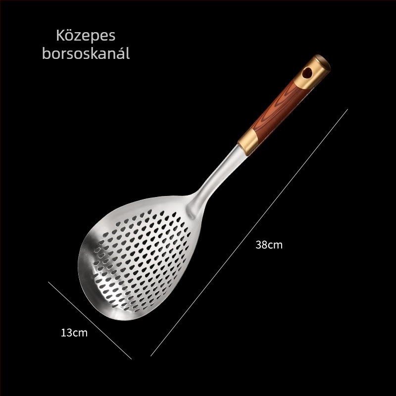 Rozsdamentes acélból készült hosszú fogantyújú szűrőkanál tészta lecsöpögtetéséhez