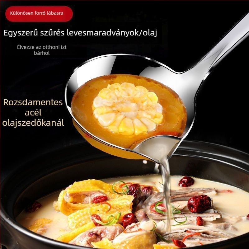 Rozsdamentes acél olajleválasztó kanál, hosszú nyéllel, magas hőállóságú főző spatula