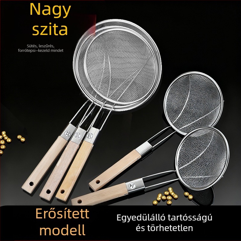 Hálószita hosszú fa nyéllel 201 rozsdamentes acélból, csúszásmentes, magas hőállóságú, tartós és nem deformálódik; kanál‑spatula típus; Caihuiying
