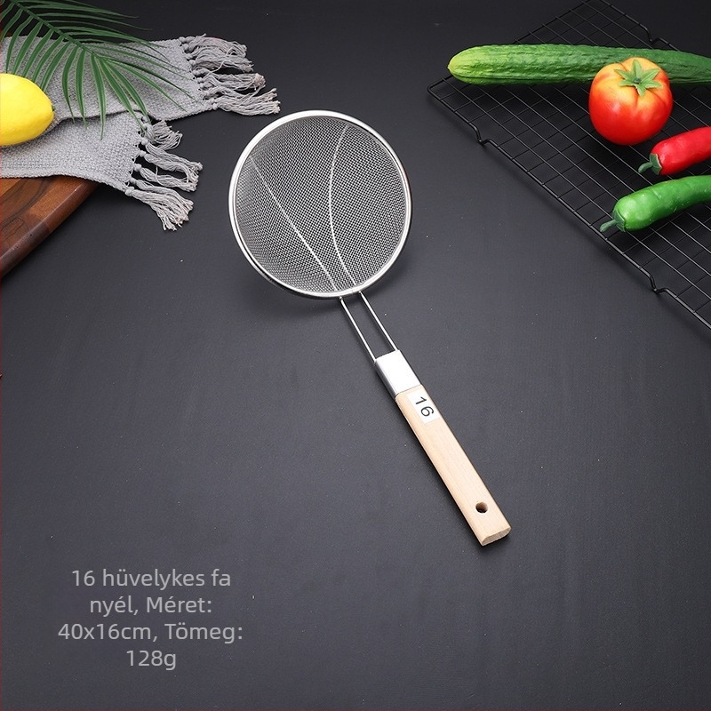 Hálószita hosszú fa nyéllel 201 rozsdamentes acélból, csúszásmentes, magas hőállóságú, tartós és nem deformálódik; kanál‑spatula típus; Caihuiying
