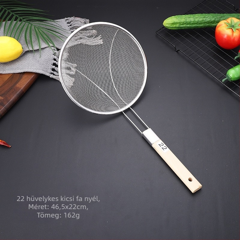 Hálószita hosszú fa nyéllel 201 rozsdamentes acélból, csúszásmentes, magas hőállóságú, tartós és nem deformálódik; kanál‑spatula típus; Caihuiying