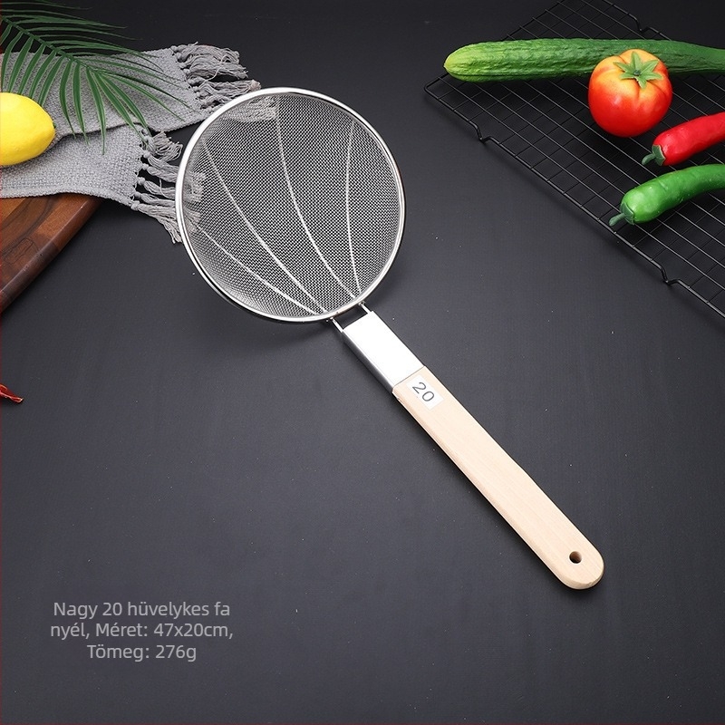 Hálószita hosszú fa nyéllel 201 rozsdamentes acélból, csúszásmentes, magas hőállóságú, tartós és nem deformálódik; kanál‑spatula típus; Caihuiying