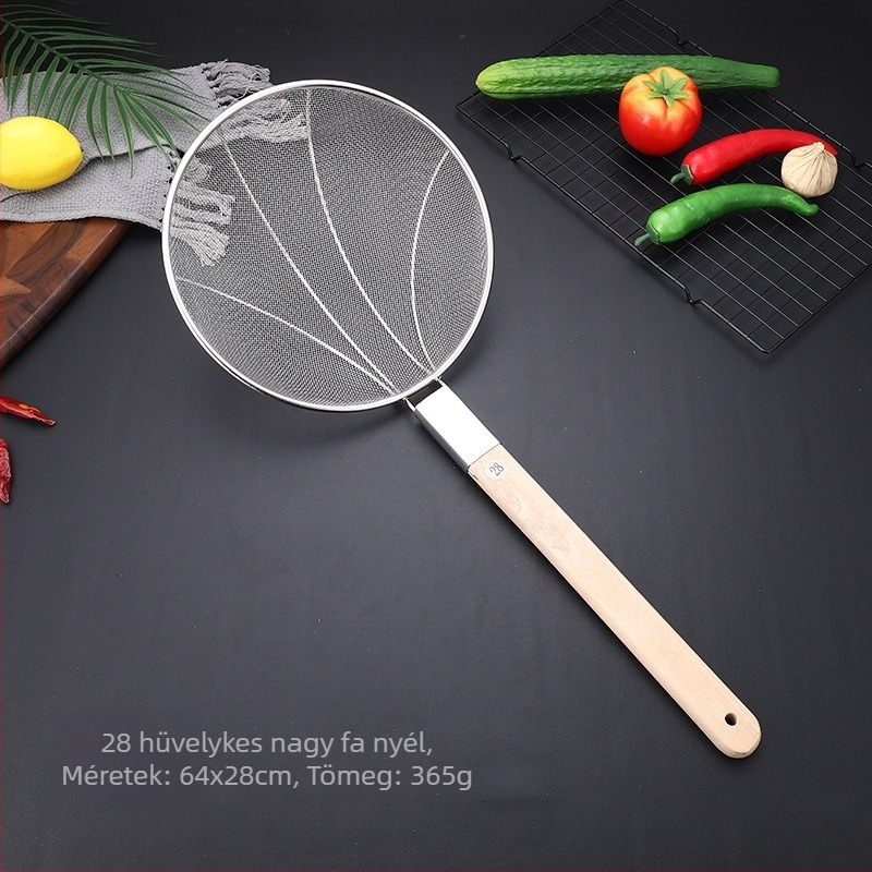 Hálószita hosszú fa nyéllel 201 rozsdamentes acélból, csúszásmentes, magas hőállóságú, tartós és nem deformálódik; kanál‑spatula típus; Caihuiying