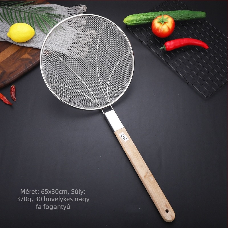 Hálószita hosszú fa nyéllel 201 rozsdamentes acélból, csúszásmentes, magas hőállóságú, tartós és nem deformálódik; kanál‑spatula típus; Caihuiying