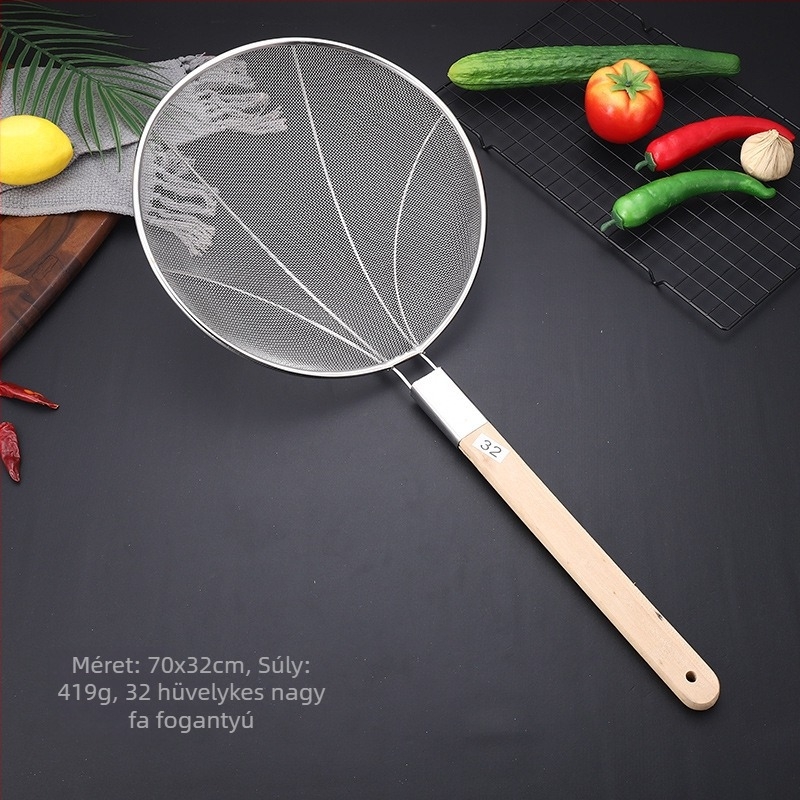 Hálószita hosszú fa nyéllel 201 rozsdamentes acélból, csúszásmentes, magas hőállóságú, tartós és nem deformálódik; kanál‑spatula típus; Caihuiying