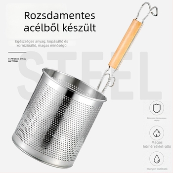 Rozsdamentes acél hálószűrő kanál fa nyéllel – csúszásmentes, égésvédett, ideális tésztához és zöldségekhez