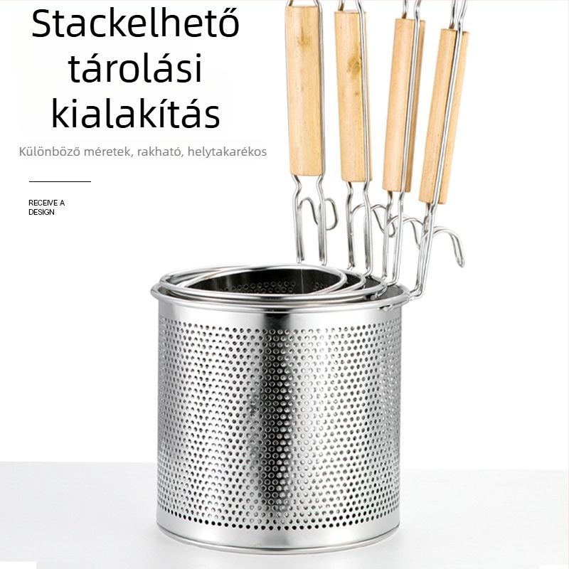 Rozsdamentes acél hálószűrő kanál fa nyéllel – csúszásmentes, égésvédett, ideális tésztához és zöldségekhez