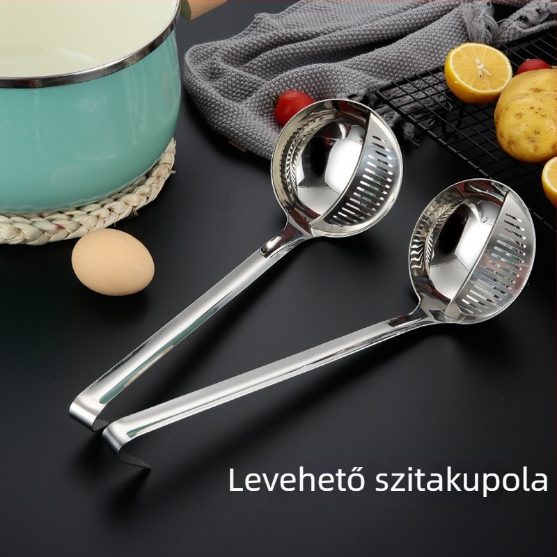 Rozsdamentes acélból készült kettős használatú forró fazék kanál beépített szűrővel, csúszásmentes, hőálló