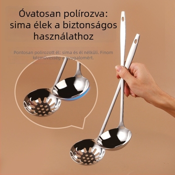 Rozsdamentes acélból készült vastag leveseskanál szűrővel, hosszú nyéllel, forró pot és zabkása számára, kampós végű, nagy és közepes méretben