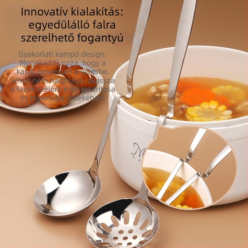 Rozsdamentes acélból készült vastag leveseskanál szűrővel, hosszú nyéllel, forró pot és zabkása számára, kampós végű, nagy és közepes méretben