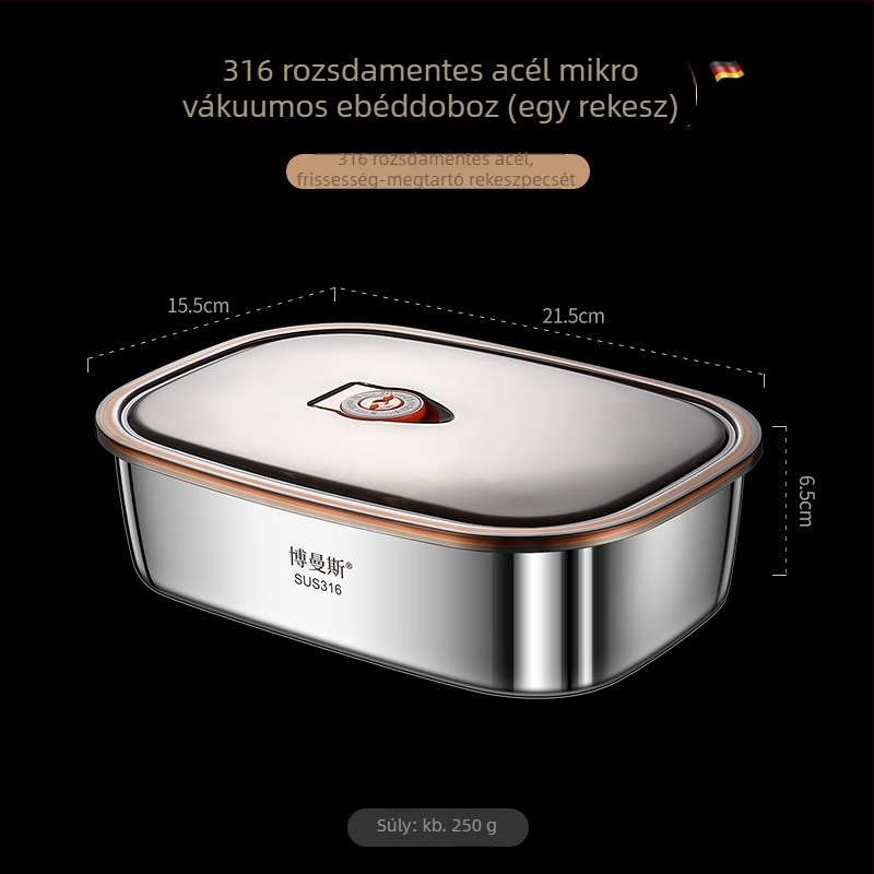 316 rozsdamentes acél ebédes doboz készlet, téglalap alakú, kétszintes, mikróhullámú sütőben használható, kapacitás 2,1–3 L / 4,1–5 L