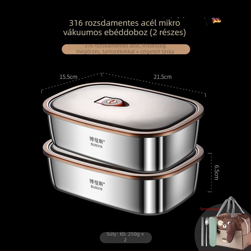 316 rozsdamentes acél ebédes doboz készlet, téglalap alakú, kétszintes, mikróhullámú sütőben használható, kapacitás 2,1–3 L / 4,1–5 L