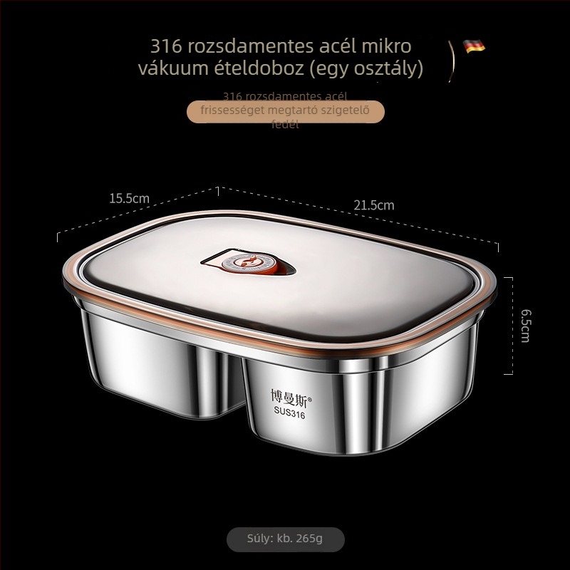 316 rozsdamentes acél ebédes doboz készlet, téglalap alakú, kétszintes, mikróhullámú sütőben használható, kapacitás 2,1–3 L / 4,1–5 L