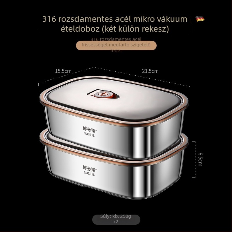 316 rozsdamentes acél ebédes doboz készlet, téglalap alakú, kétszintes, mikróhullámú sütőben használható, kapacitás 2,1–3 L / 4,1–5 L