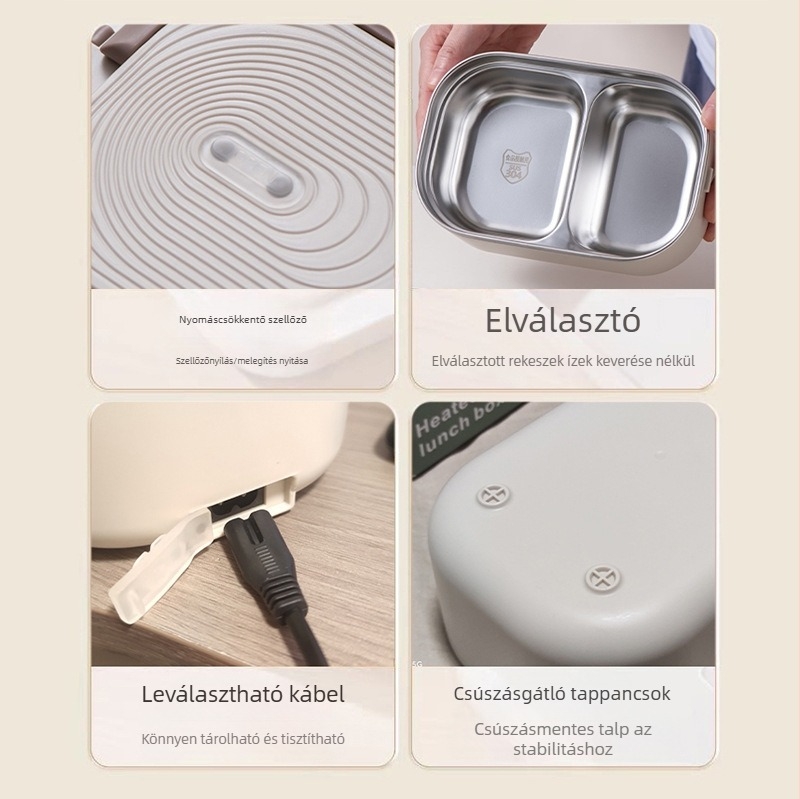 Elektromos ebédes doboz vízmentes fűtéssel, 1–2 adagra, 220V, 50W; belső tartály 304 rozsdamentes acél, műanyag burkolat