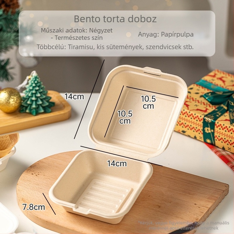 Karácsonyi egyszer használatos tortiadoboz – anyag: pulp, négyzet alakú, degradálható stílus, mikrohullámú sütőhöz nem alkalmas, eredet: Zhejiang