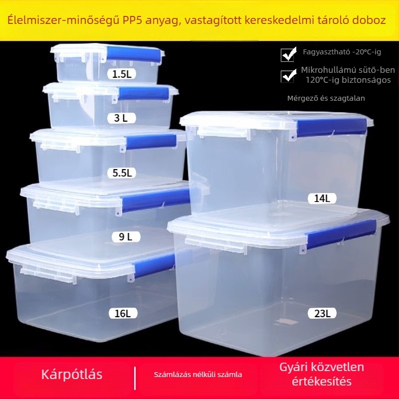 Élelmiszer-tároló doboz – nagy kapacitású, téglalap alakú, PP műanyag, mikrohullámú sütőbe tehető, 3,1–4 L
