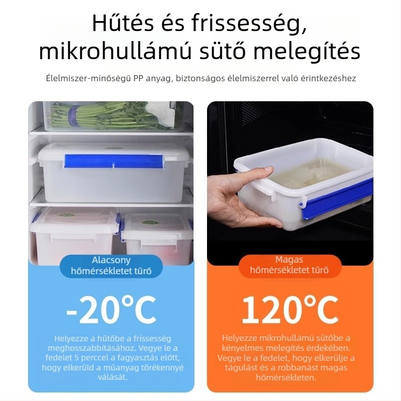 Élelmiszer-tároló doboz – nagy kapacitású, téglalap alakú, PP műanyag, mikrohullámú sütőbe tehető, 3,1–4 L