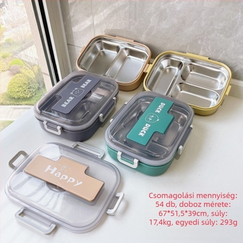 Három rekeszes rozsdamentes acél ebédbox evőeszközökkel, szigetelt, 501-800 ml kapacitás