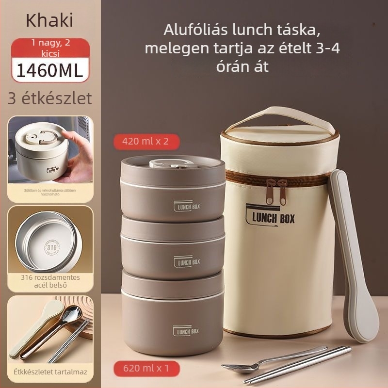 Rozsdamentes acélból készült szigetelt ebéddoboz, kör alakú, szivárgásmentes, 501-800 ml, egyetlen réteg