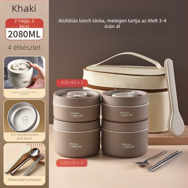 Rozsdamentes acélból készült szigetelt ebéddoboz, kör alakú, szivárgásmentes, 501-800 ml, egyetlen réteg
