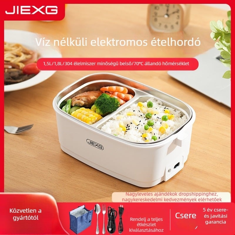 JIEXG FH-A15 Elektromos ebédes doboz, vízmentes fűtés, 1,6–2,0 L kapacitás, 304 rozsdamentes acél belső tartály, PP műanyag külső, 12V/24V/220V feszültség, 40W teljesítmény