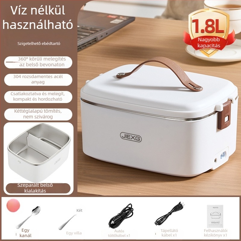 JIEXG FH-A15 Elektromos ebédes doboz, vízmentes fűtés, 1,6–2,0 L kapacitás, 304 rozsdamentes acél belső tartály, PP műanyag külső, 12V/24V/220V feszültség, 40W teljesítmény