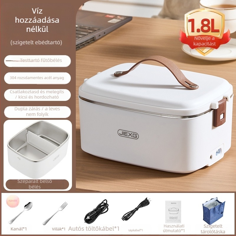 JIEXG FH-A15 Elektromos ebédes doboz, vízmentes fűtés, 1,6–2,0 L kapacitás, 304 rozsdamentes acél belső tartály, PP műanyag külső, 12V/24V/220V feszültség, 40W teljesítmény