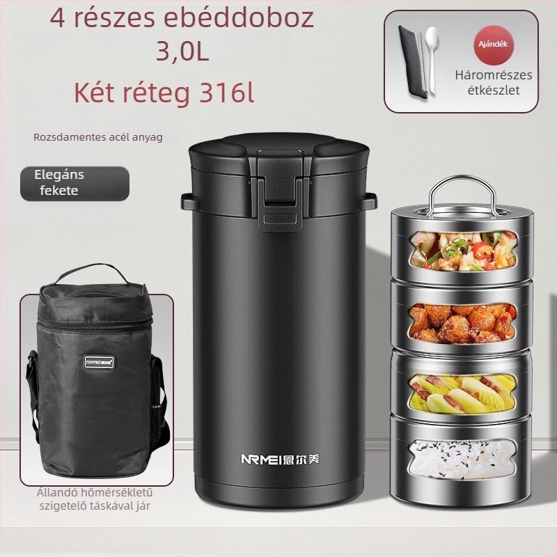 Enermei szigetelt ebéd doboz, 316 rozsdamentes acélból, négy réteg, kerek formájú
