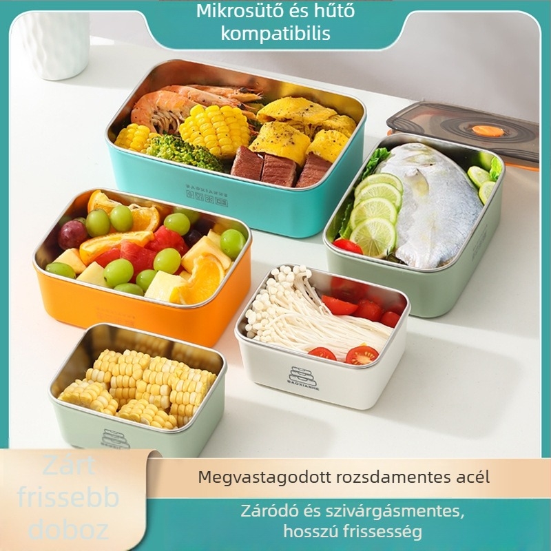Rozsdamentes acélból készült zárt crisper doboz, téglalap alakú, dupla zárással, mikrózható, kapacitás 501–800 ml