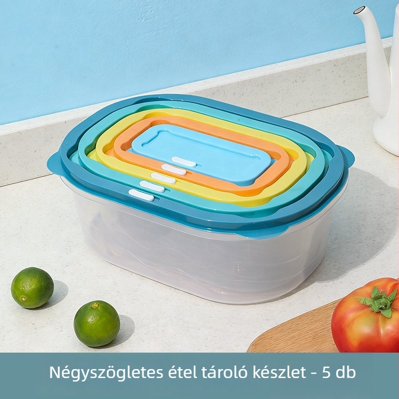 Élelmiszer-minőségű PP téglalap alakú ételtároló fedéllel, mikrohullámú sütőben használható, 501–800 ml kapacitású, 5 darabos készlet.
