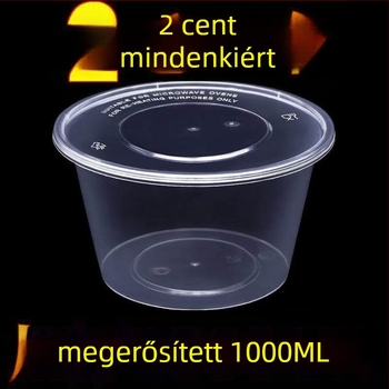 Kör alakú, egyszer használatos ebédes doboz, 1000 ml, műanyagból, átlátszó kivitel, leveses tálat tartalmaz