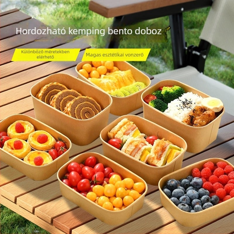 Egyszer használatos négyszögletes kraft papír doboz, szivárgásmentes papírtál, kempingezésre és piknikre; nem mikrózható; alkalmas bentó ételekhez.