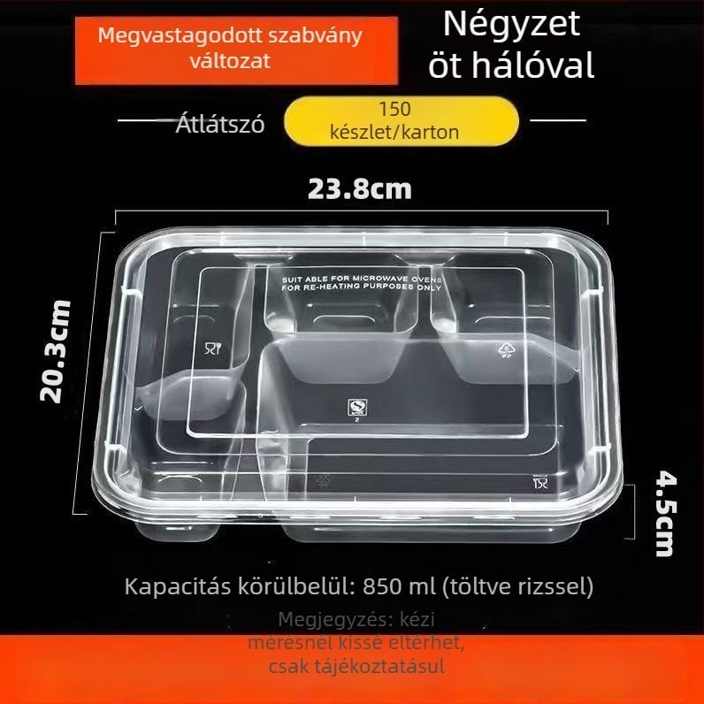 Egyszer használatos négyrészes ebédes doboz, téglalap alakú elosztó, PP anyag, márka Jiajia hengmei, származás Huaian, Anhui, 150 készlet