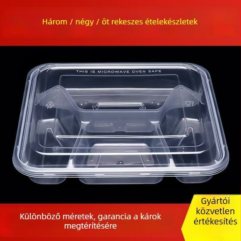 Egyszer használatos négyrészes ebédes doboz, téglalap alakú elosztó, PP anyag, márka Jiajia hengmei, származás Huaian, Anhui, 150 készlet