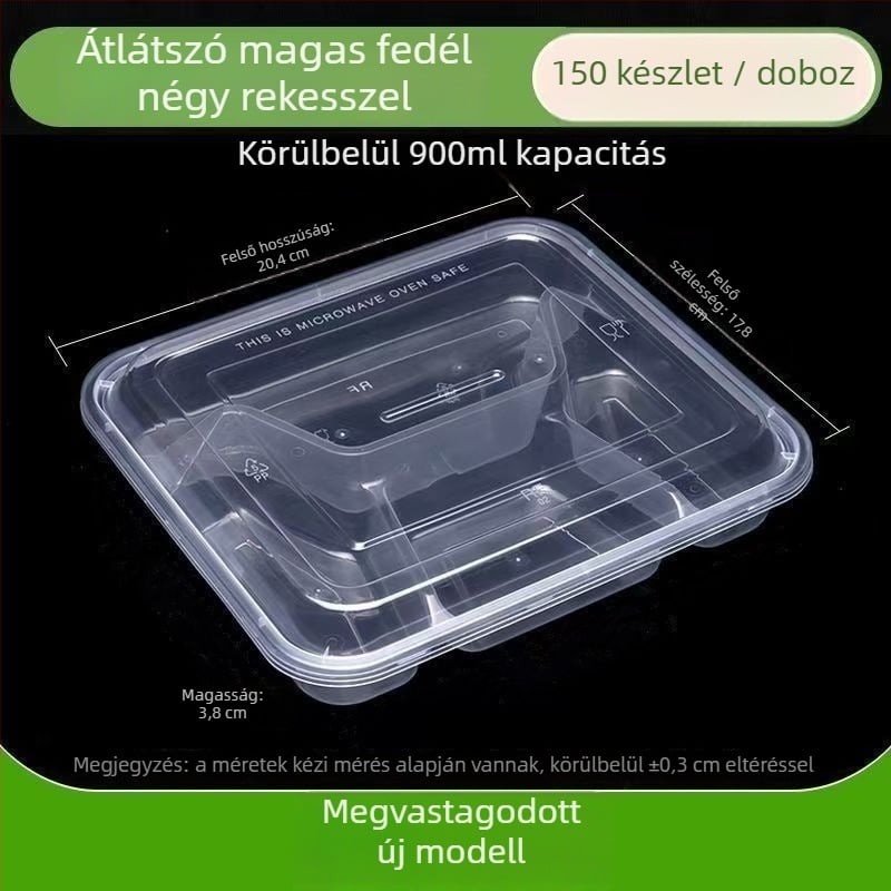 Egyszer használatos négyrészes ebédes doboz, téglalap alakú elosztó, PP anyag, márka Jiajia hengmei, származás Huaian, Anhui, 150 készlet