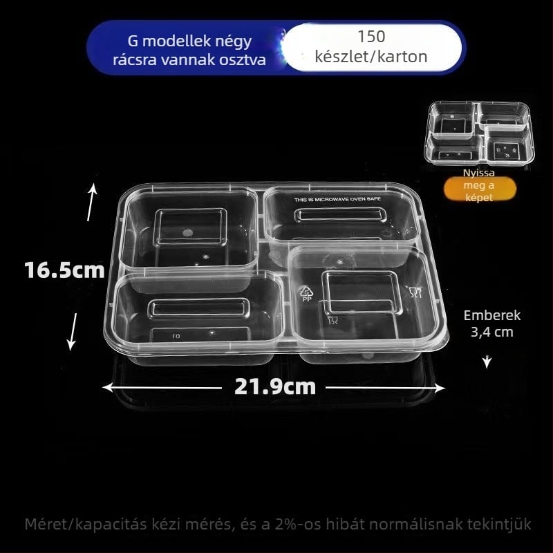 Egyszer használatos négyrészes ebédes doboz, téglalap alakú elosztó, PP anyag, márka Jiajia hengmei, származás Huaian, Anhui, 150 készlet