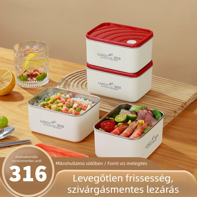 304 rozsdamentes acél dupla rétegű ebédes doboz, téglalap alakú, mikrózható, 501–800 ml, japán minimalist stílus, újrahasználható, anti-szivárgás és anti-égés védelem