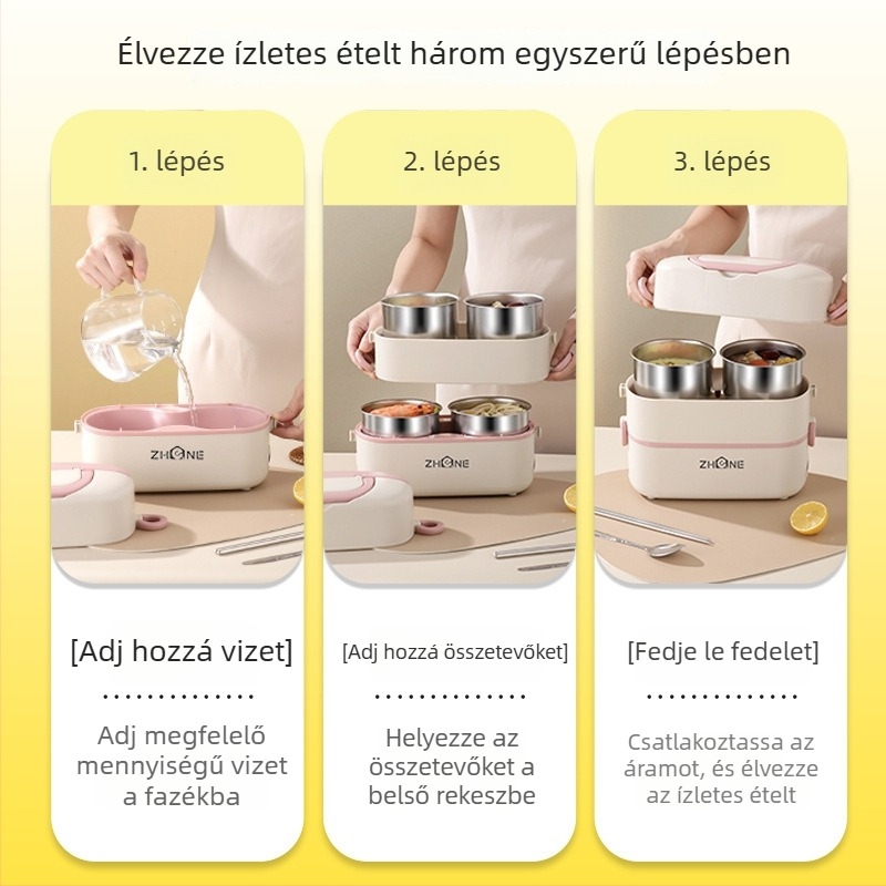 Elektromos ebédes doboz – nagy kapacitású, 2,0 L, levehető belső tartály 304 rozsdamentes acélból, 250W fűtés, 220V-os ellátás, szigetelt kialakítás
