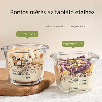 Baba etetőtál mérőskálával, boroszilikát üvegből, magas hőmérséklet-álló, mikrohullámú sütőben használható, fedéllel, kapacitás alatt 300 ml